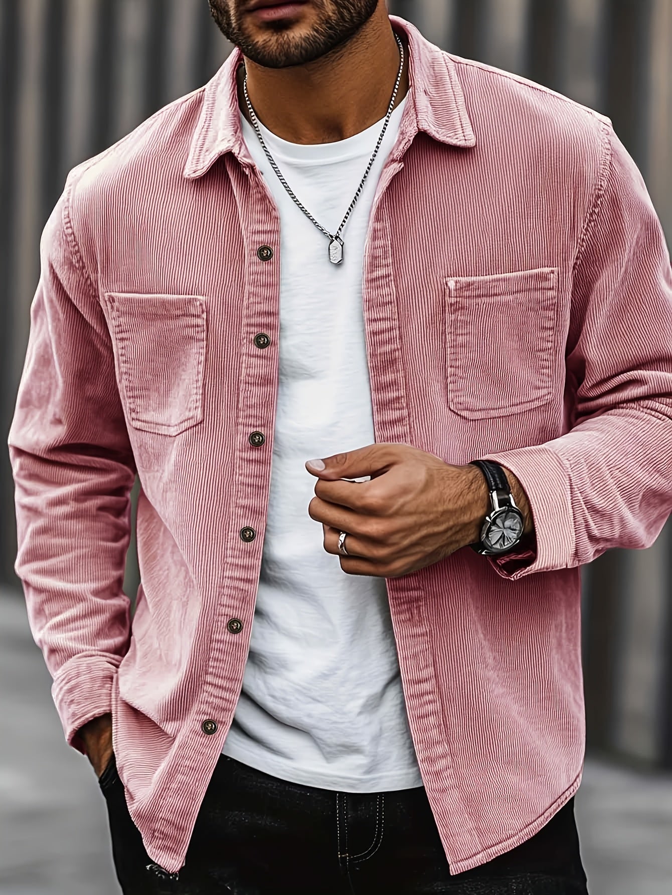 Herren Hemdjacke Polyester Kordeloptik einfarbiger Reverskragen langa
