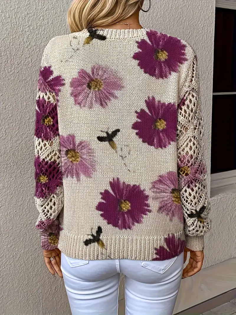 Damen Strickjacke Blumenmuster V-Ausschnitt Regular Fit Leicht Mittelschwer Häkeloptik Freizeit