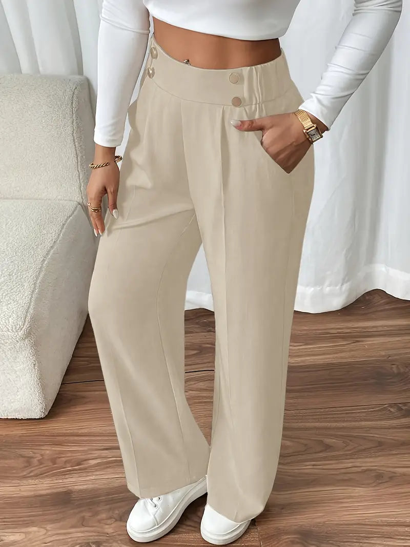 Damen Hose Regular Fit Weites Bein Elastischer Bund Seitentaschen Casual Elegant Alltag Büro