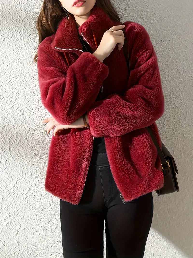 Damen Fleecejacke Warm Stehkragen Kordelzug Regular Fit Weich Freizeit Übergang
