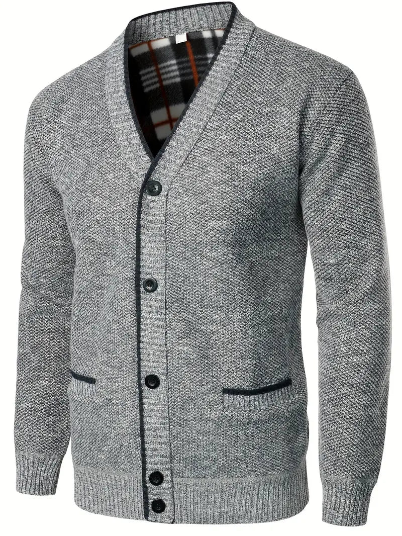 Herren Strickpullover Knopfleiste Taschen Langarm gefütterter Innenraum bequem