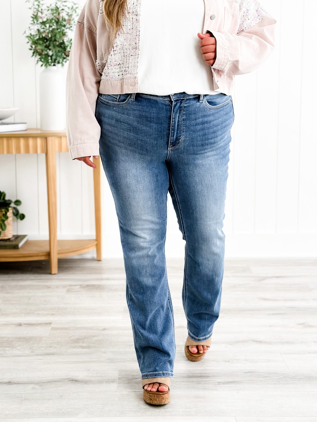 Damenjeans Stretch hohe Taille schlanke Bauchkontrolle, bequeme Passform