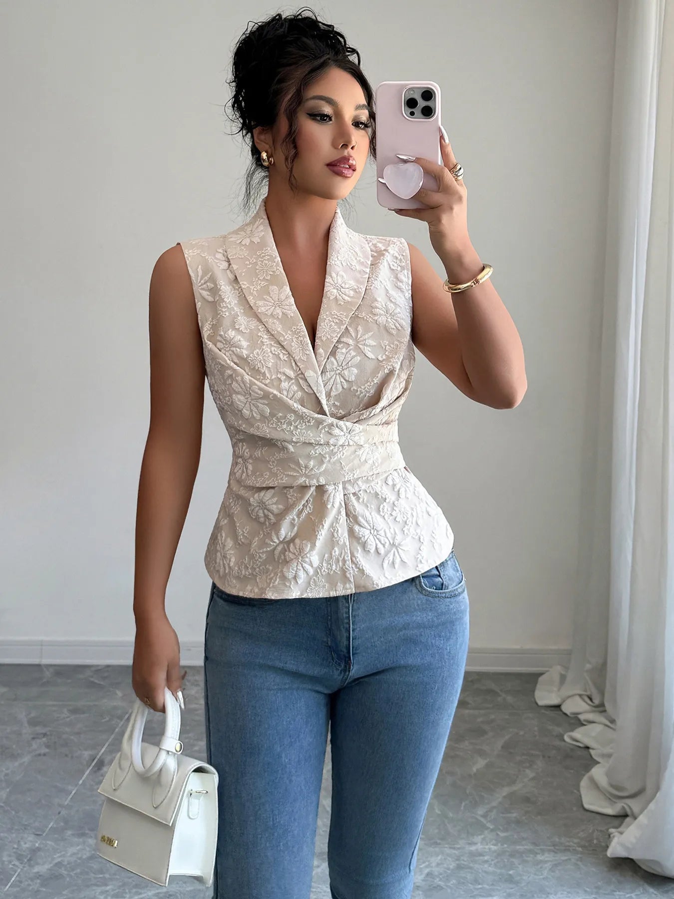 Damen Top ärmellos Polyester Blumenmuster Rüschen leicht fließend Sommer