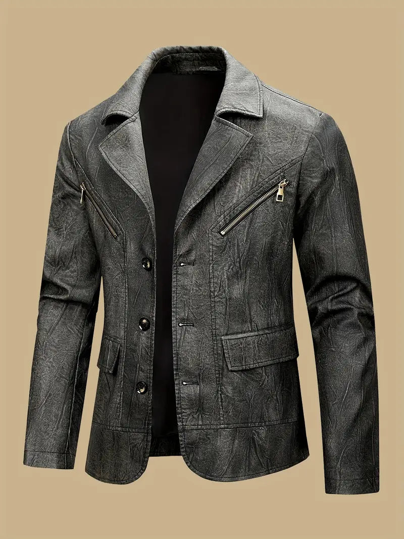 Herren Lederjacke strukturiert Reißverschluss Stehkragen mehrere Taschen klassisch modern