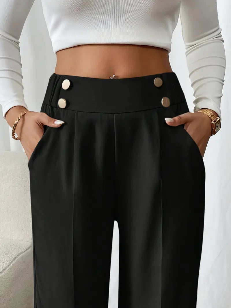 Damen Hose Regular Fit Weites Bein Elastischer Bund Seitentaschen Casual Elegant Alltag Büro