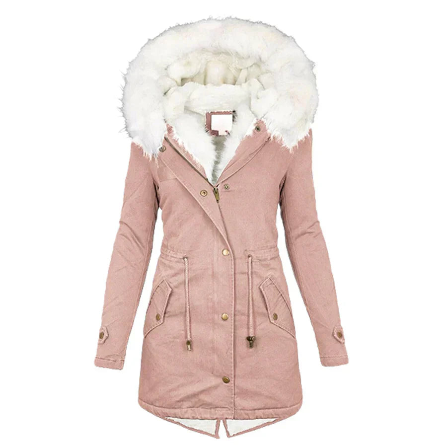 Damen Wintermantel Regular Fit Kapuze Tailliert Warm Gefüttert Winddicht Elegant Freizeit Outdoor