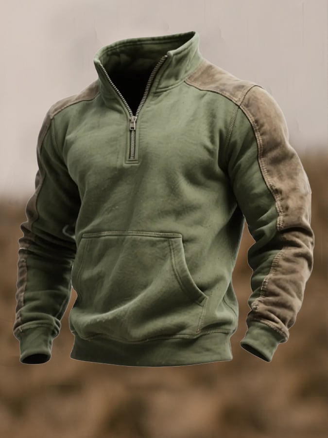 Herren Pullover olivgrün Reißverschluss verstärkte Schultern warme Tasche Vintage Stil