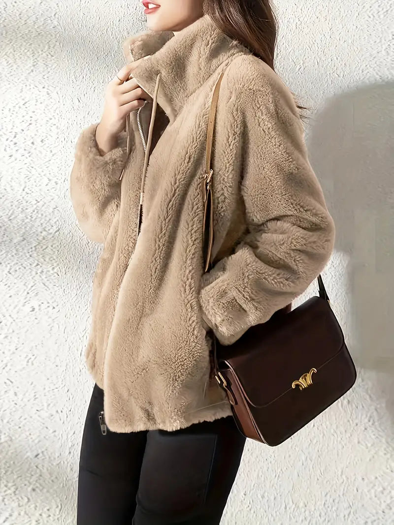 Damen Fleecejacke Warm Stehkragen Kordelzug Regular Fit Weich Freizeit Übergang