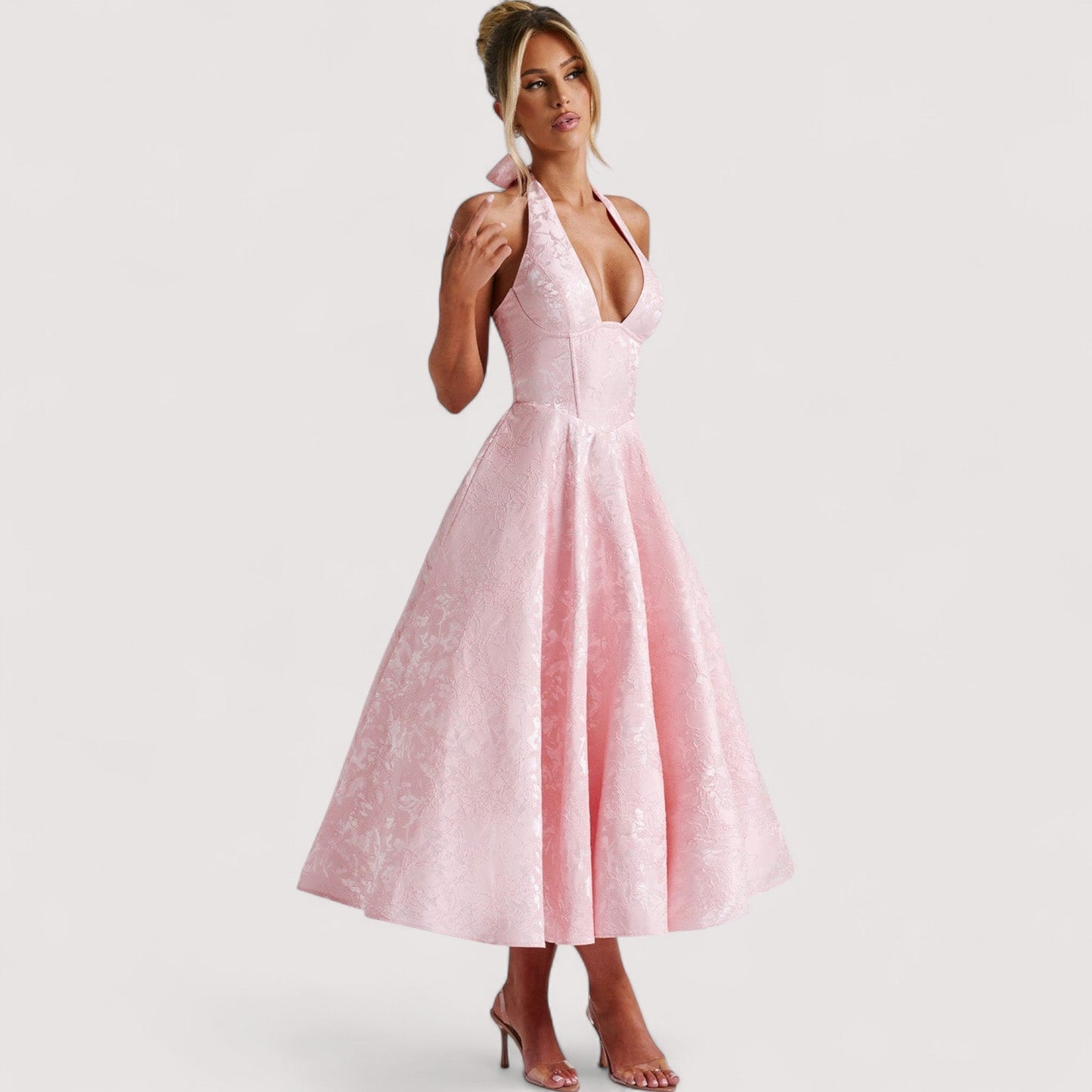 Damen Midikleid Neckholder Korsett A-Linie offener Rücken Jacquard elegant