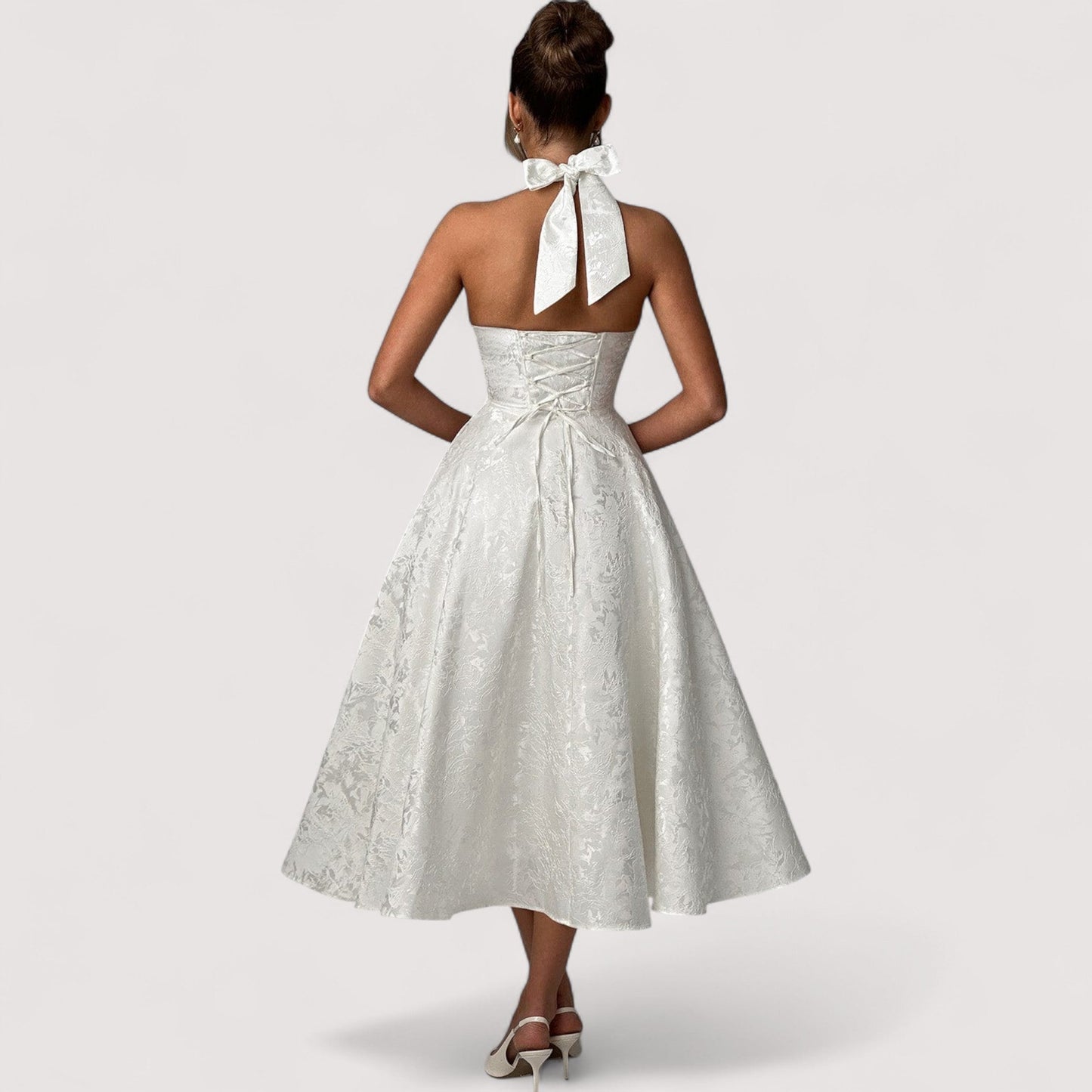 Damen Midikleid Neckholder Korsett A-Linie offener Rücken Jacquard elegant