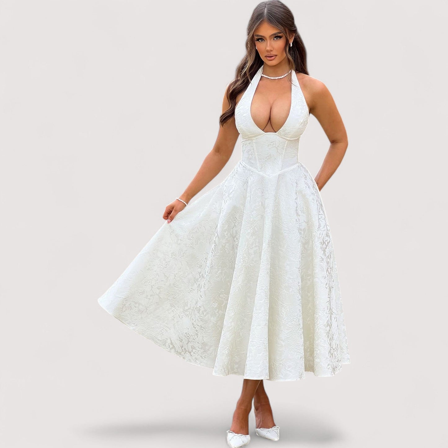Damen Midikleid Neckholder Korsett A-Linie offener Rücken Jacquard elegant