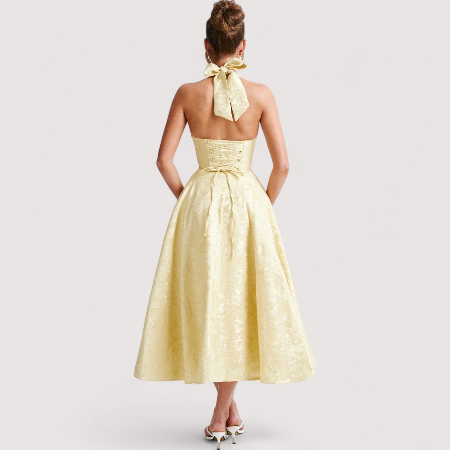 Damen Midikleid Neckholder Korsett A-Linie offener Rücken Jacquard elegant