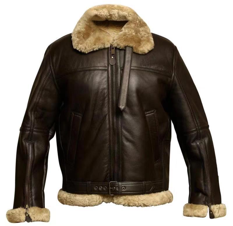 Herren Lederjacke Lammfell Regular Fit Dunkelbraun Warm Winterjacke Pilotenstil Gürtel