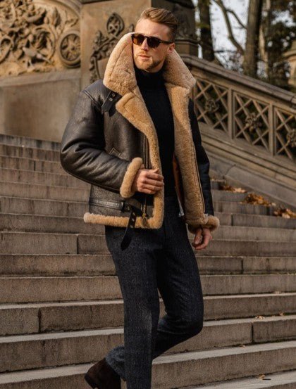 Herren Lederjacke Schwarz Warm Gefüttert Kragen Verstellbar Reißverschluss