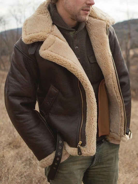 Herren Lederjacke Lammfell Regular Fit Dunkelbraun Warm Winterjacke Pilotenstil Gürtel