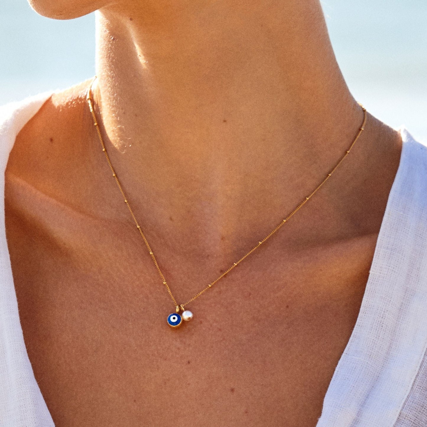 Damen Halskette Gold mit Nazar Auge Anhänger und Süßwasserperle, verstellbar, wasserfest, hypoallergen