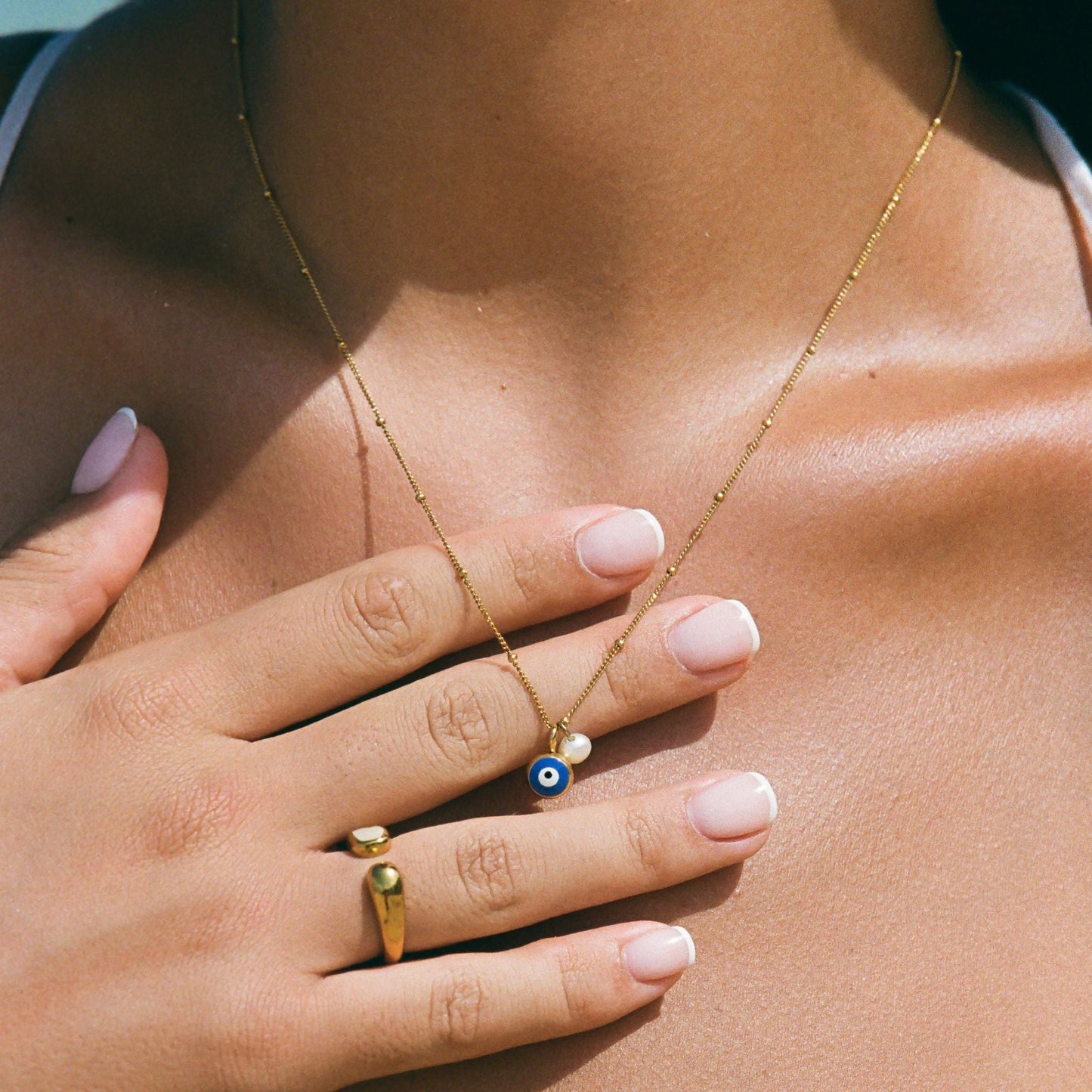 Damen Halskette Gold mit Nazar Auge Anhänger und Süßwasserperle, verstellbar, wasserfest, hypoallergen