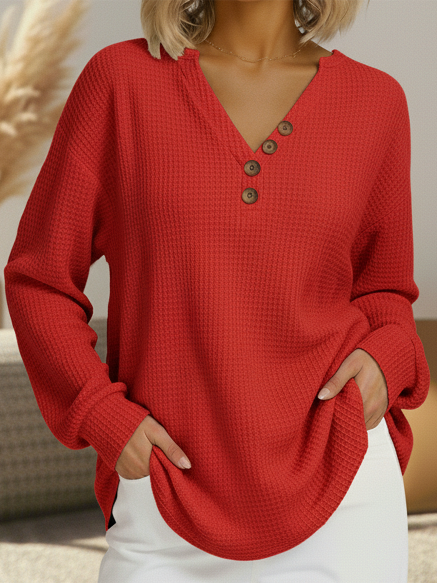 Damen Pullover Waffelstrick Langarm warme lockere bequeme weiche Passform