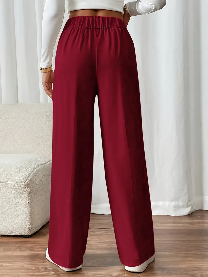 Damen Hose Regular Fit Weites Bein Elastischer Bund Seitentaschen Casual Elegant Alltag Büro