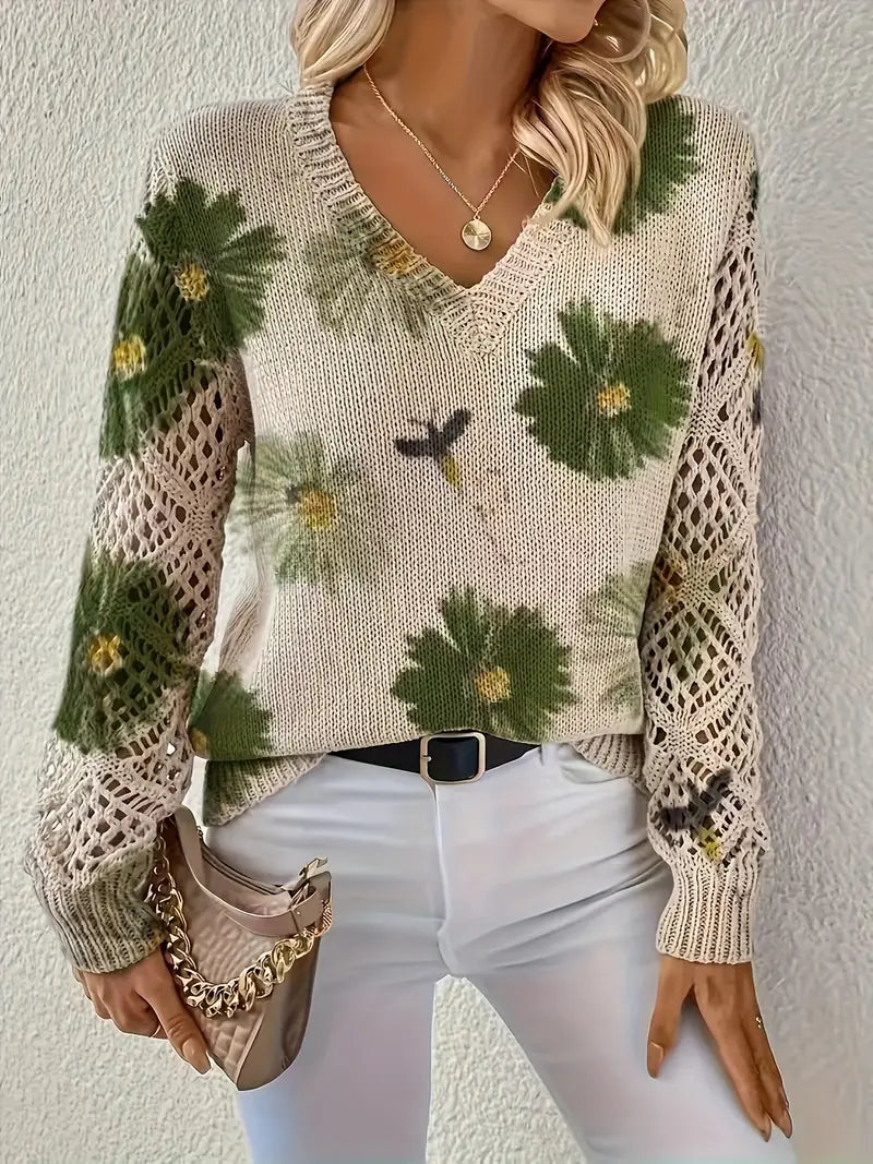Damen Strickjacke Blumenmuster V-Ausschnitt Regular Fit Leicht Mittelschwer Häkeloptik Freizeit