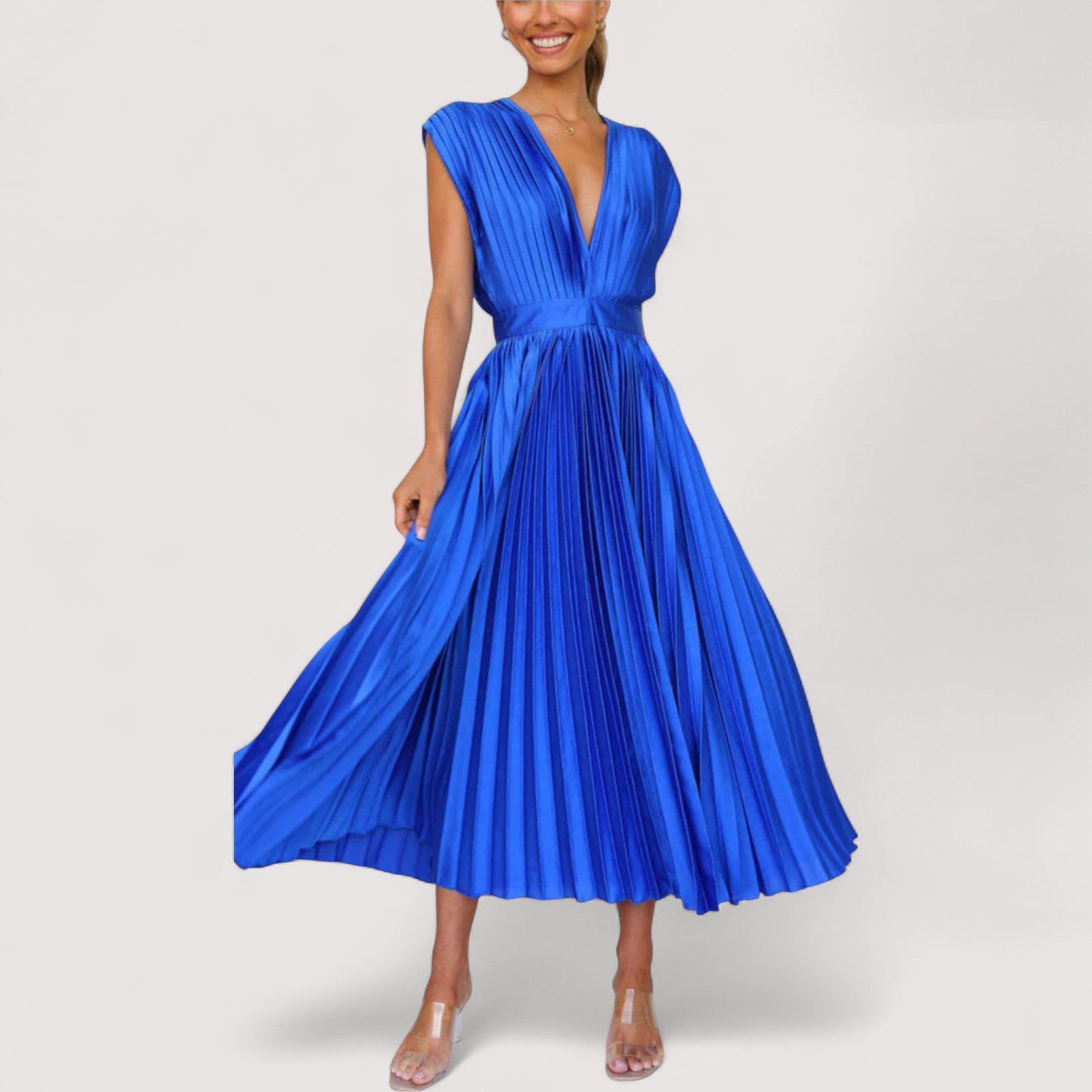 Damen Plisseekleid verstellbare Taille Kordelzug locker Passform elegant fließend