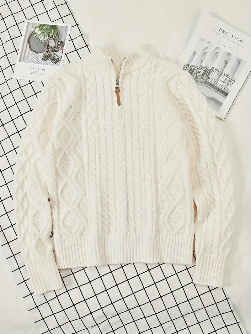 Herren Strickpullover, halber Reißverschluss Kragen Zopfmuster Stehkragen elastisch bequem