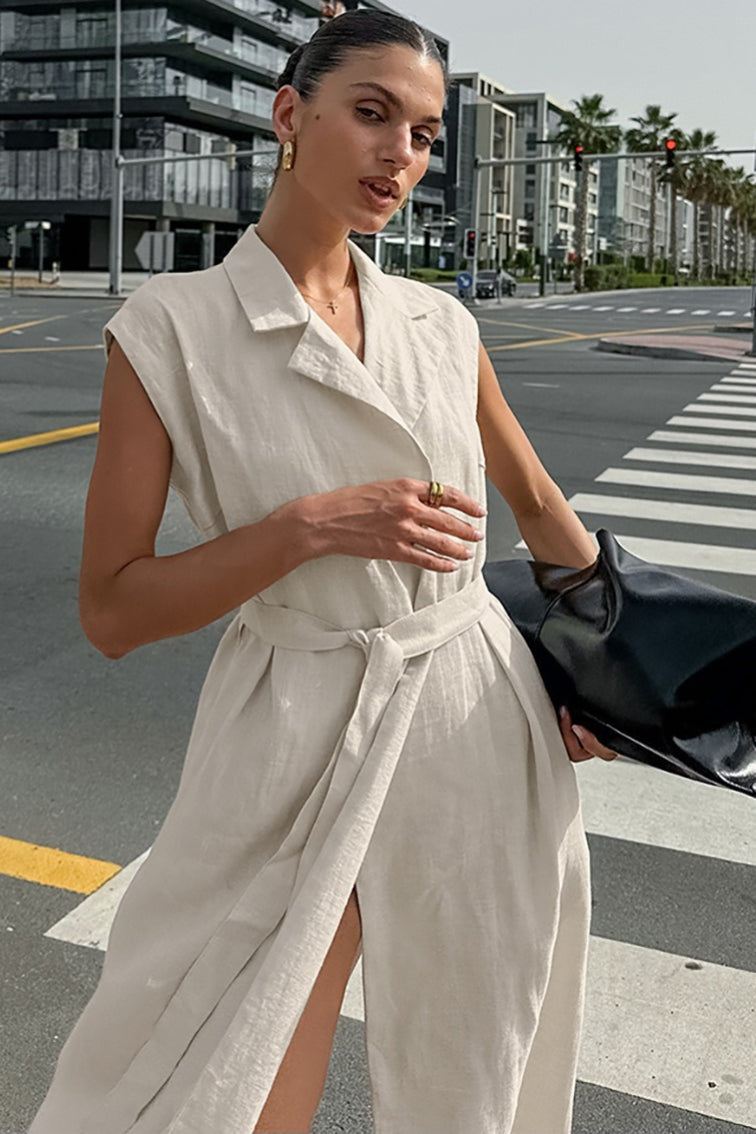 Damen Maxikleid Baumwolle Leinen ärmellos einfarbig Reverskragen Gürtel A-Linie Seitenschlitz