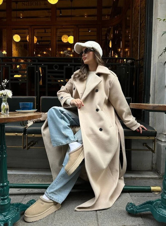 Damen langer Mantel einfarbig zweireihig Reverskragen Langarm gerade Passform elegant