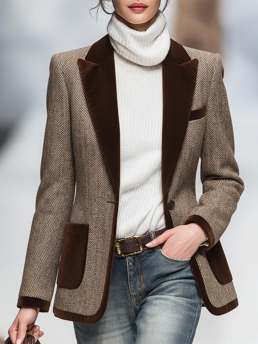 Herren Blazer Braun Fischgrät Ein-Knopf Regular Fit Elegant Langarm Revers