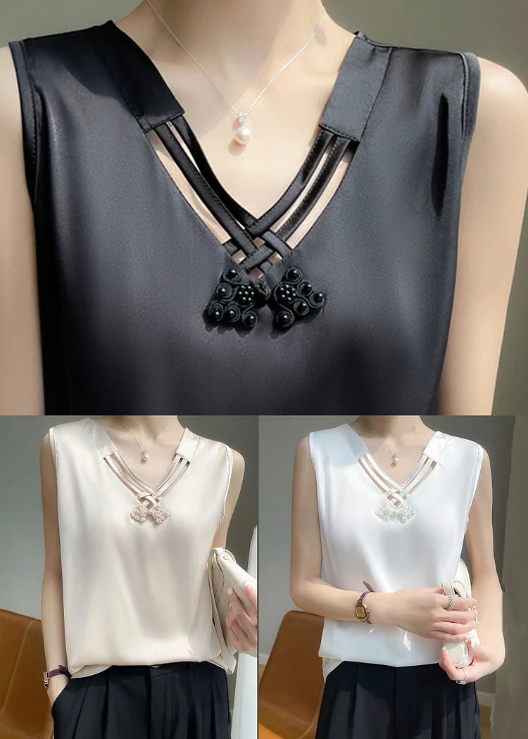 Damen Tank Top Seidenmischung ärmellos einfarbig V-Ausschnitt Perlendetails-elegant locker