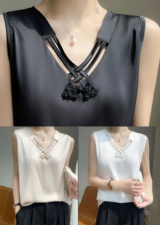 Damen Tank Top Seidenmischung ärmellos einfarbig V-Ausschnitt Perlendetails-elegant locker