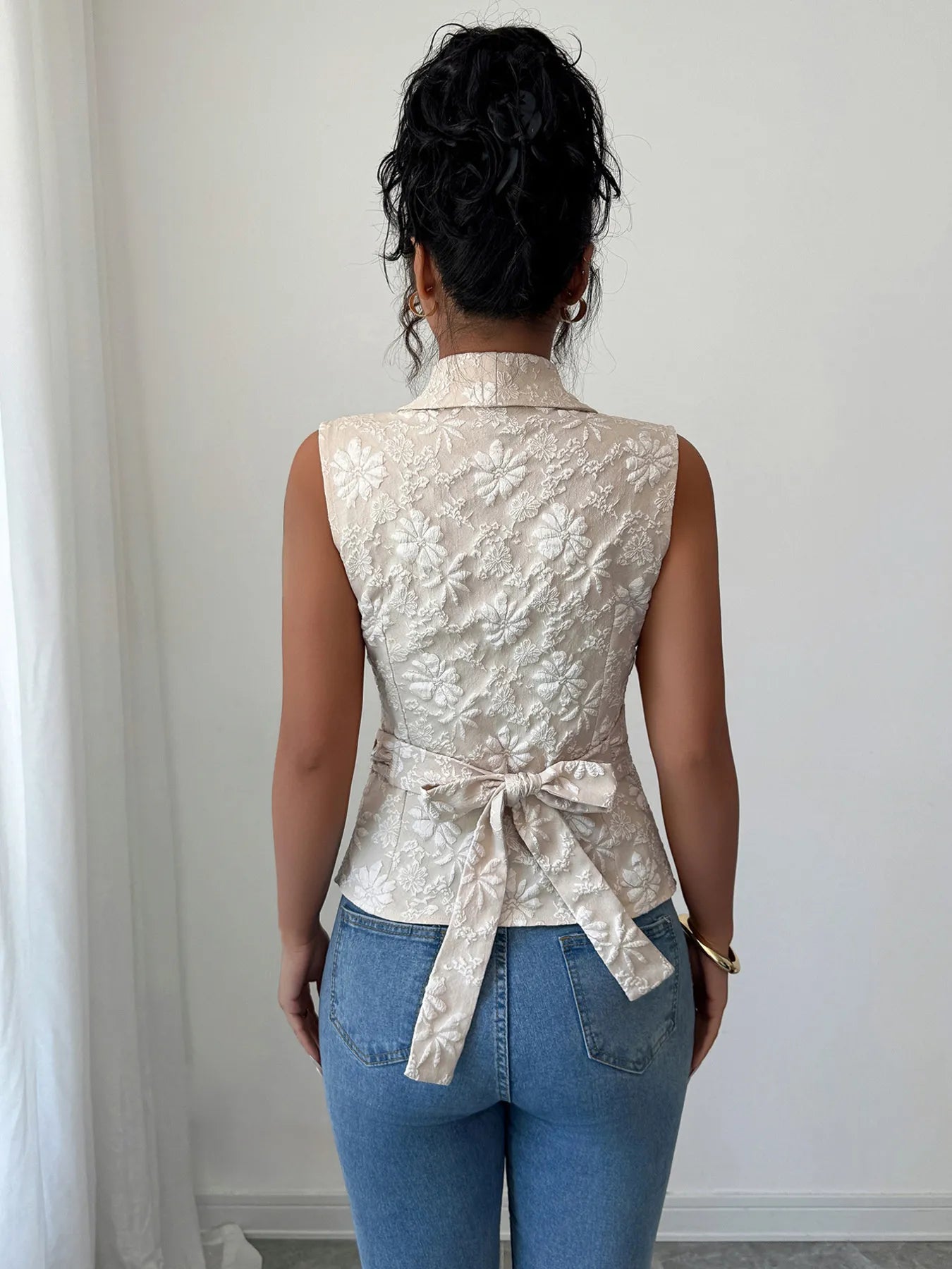 Damen Top ärmellos Polyester Blumenmuster Rüschen leicht fließend Sommer