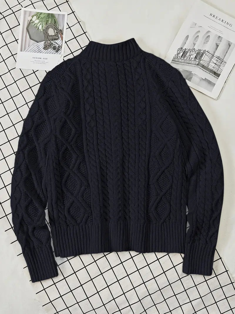 Herren Strickpullover, halber Reißverschluss Kragen Zopfmuster Stehkragen elastisch bequem