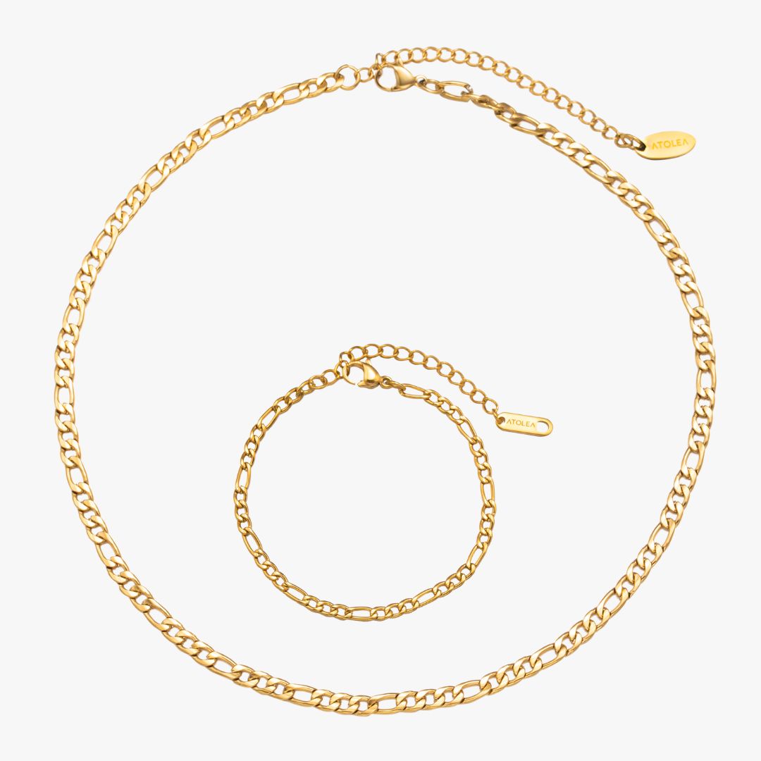 Damen Schmuckset Gold Figaro Kette und Figaro Armband 2-teilig wasserfest Edelstahl vergoldet hypoallergen