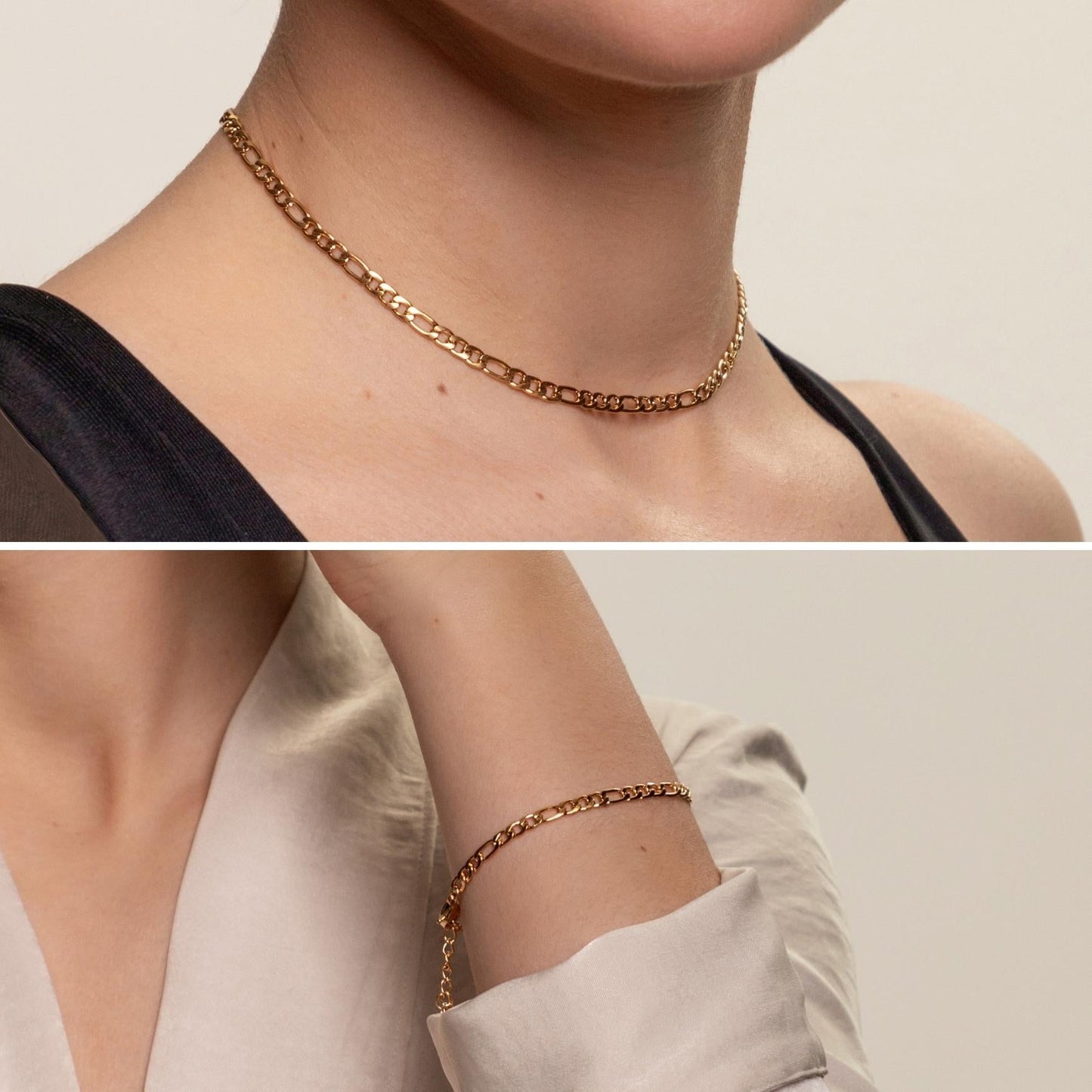 Damen Schmuckset Gold Figaro Kette und Figaro Armband 2-teilig wasserfest Edelstahl vergoldet hypoallergen