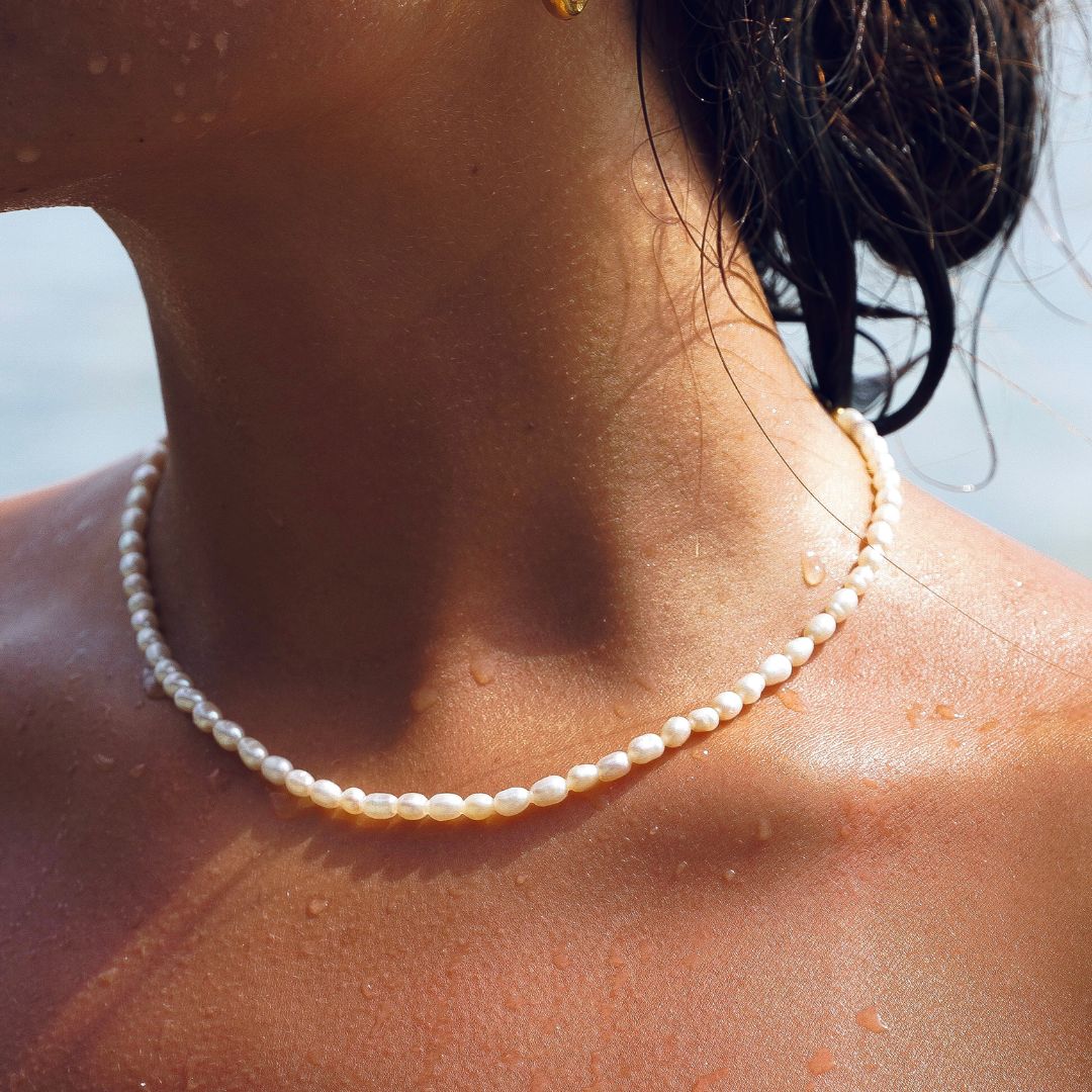 Damen Perlen Choker Gold mit echten Süßwasserperlen Edelstahl wasserfest verstellbare Halskette