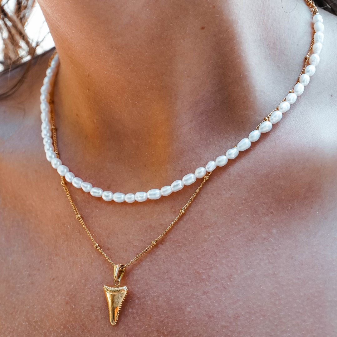 Damen Perlen Choker Gold mit echten Süßwasserperlen Edelstahl wasserfest verstellbare Halskette