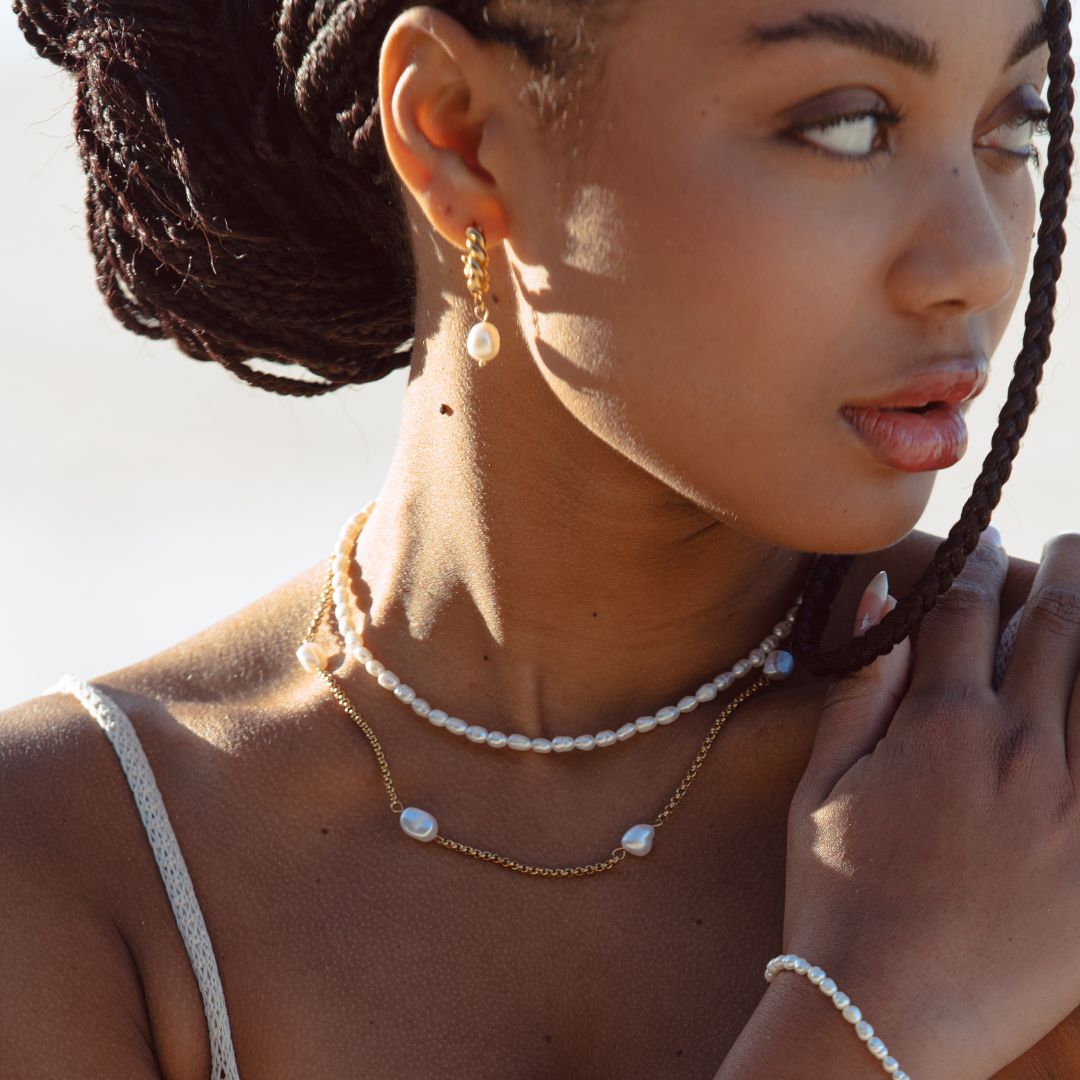Damen Perlen Choker Gold mit echten Süßwasserperlen Edelstahl wasserfest verstellbare Halskette