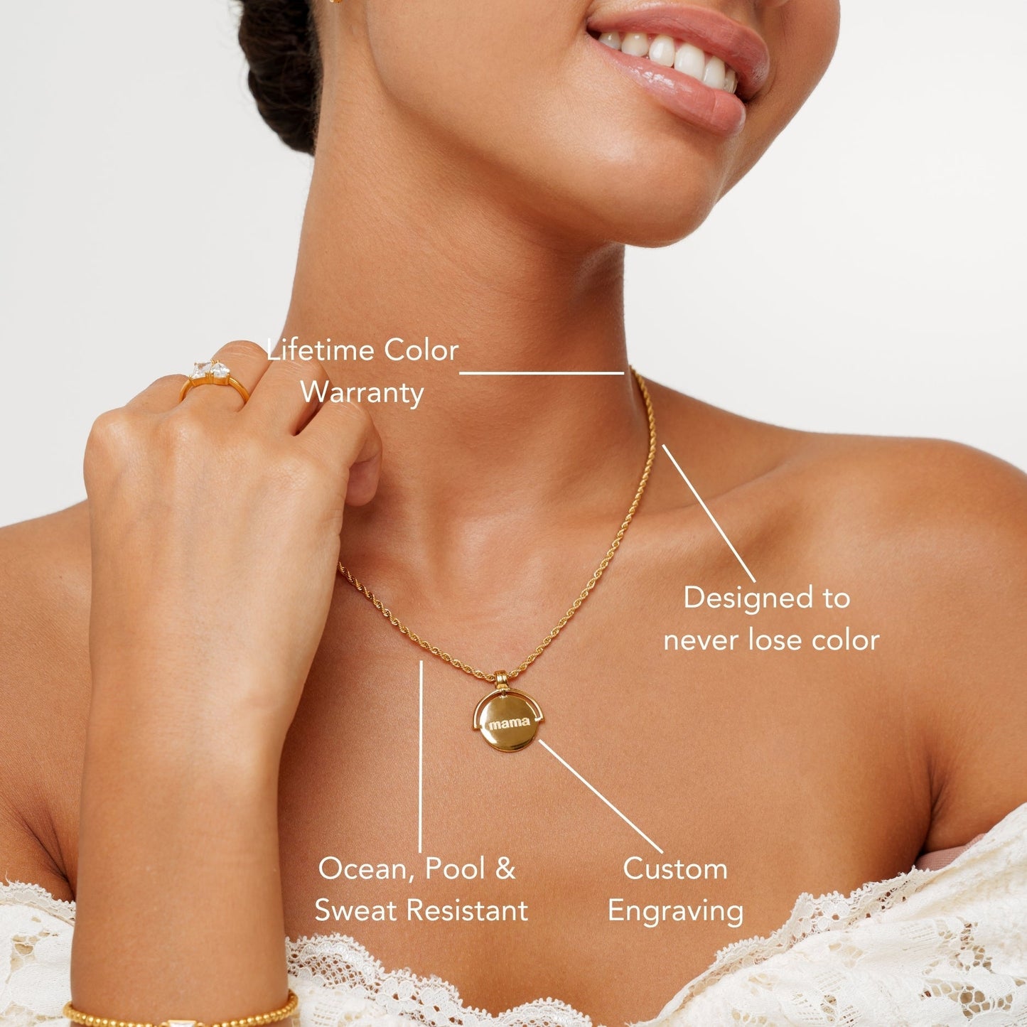 Damen Halskette Gold mit Gravur Anhänger personalisierbar Rope Chain Edelstahl wasserfest