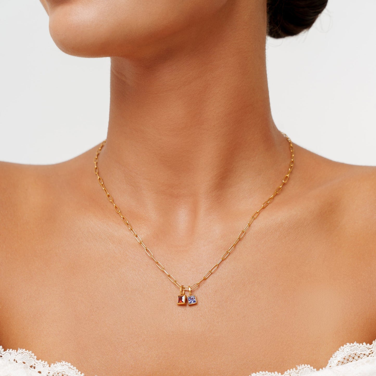 Damen Paperclip Halskette Gold mit Geburtsstein Anhängern personalisierbar Edelstahl wasserfest