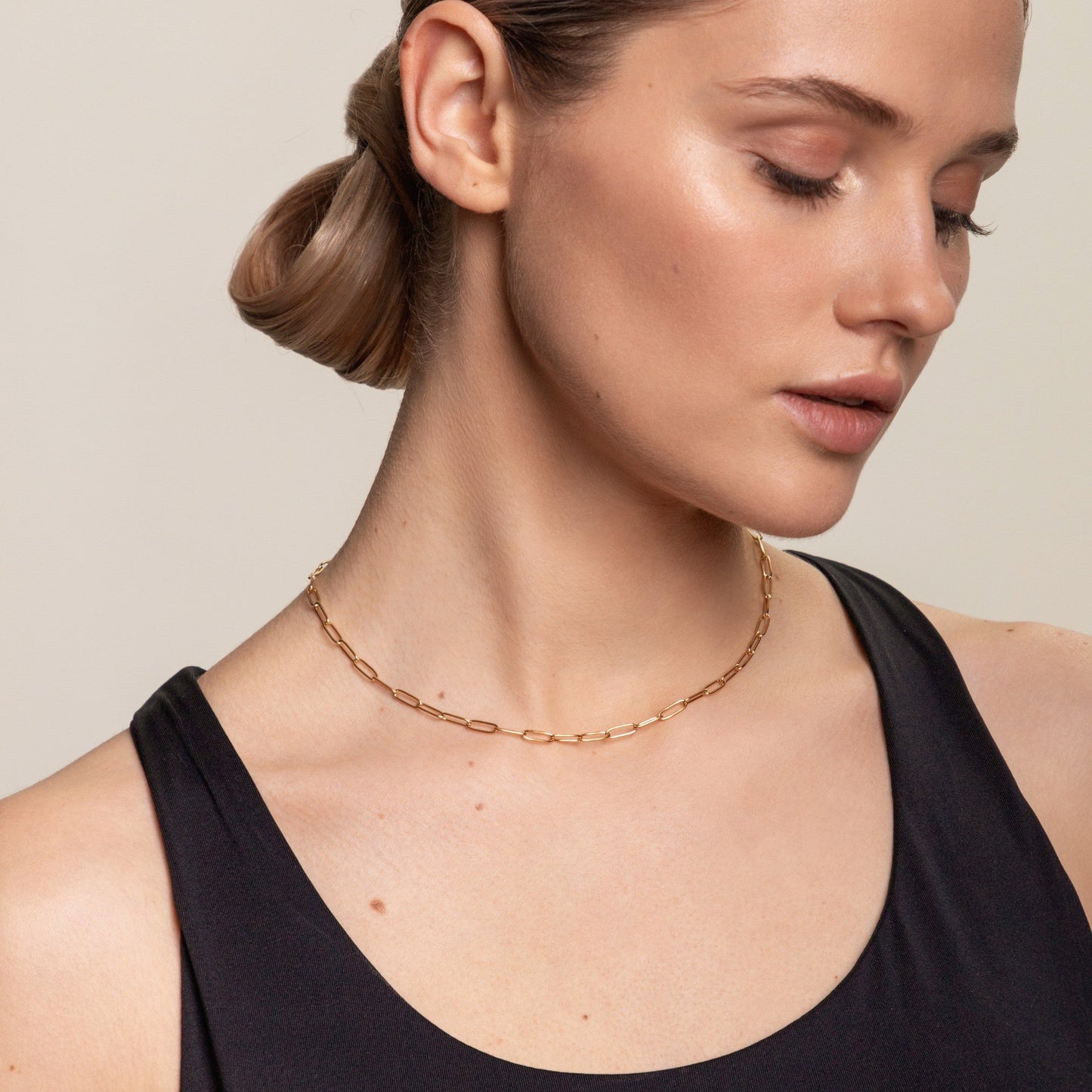 Damen Paperclip Choker Gold, Gliederkette 3 mm, verstellbar, wasserfest, hypoallergen, Halskette
