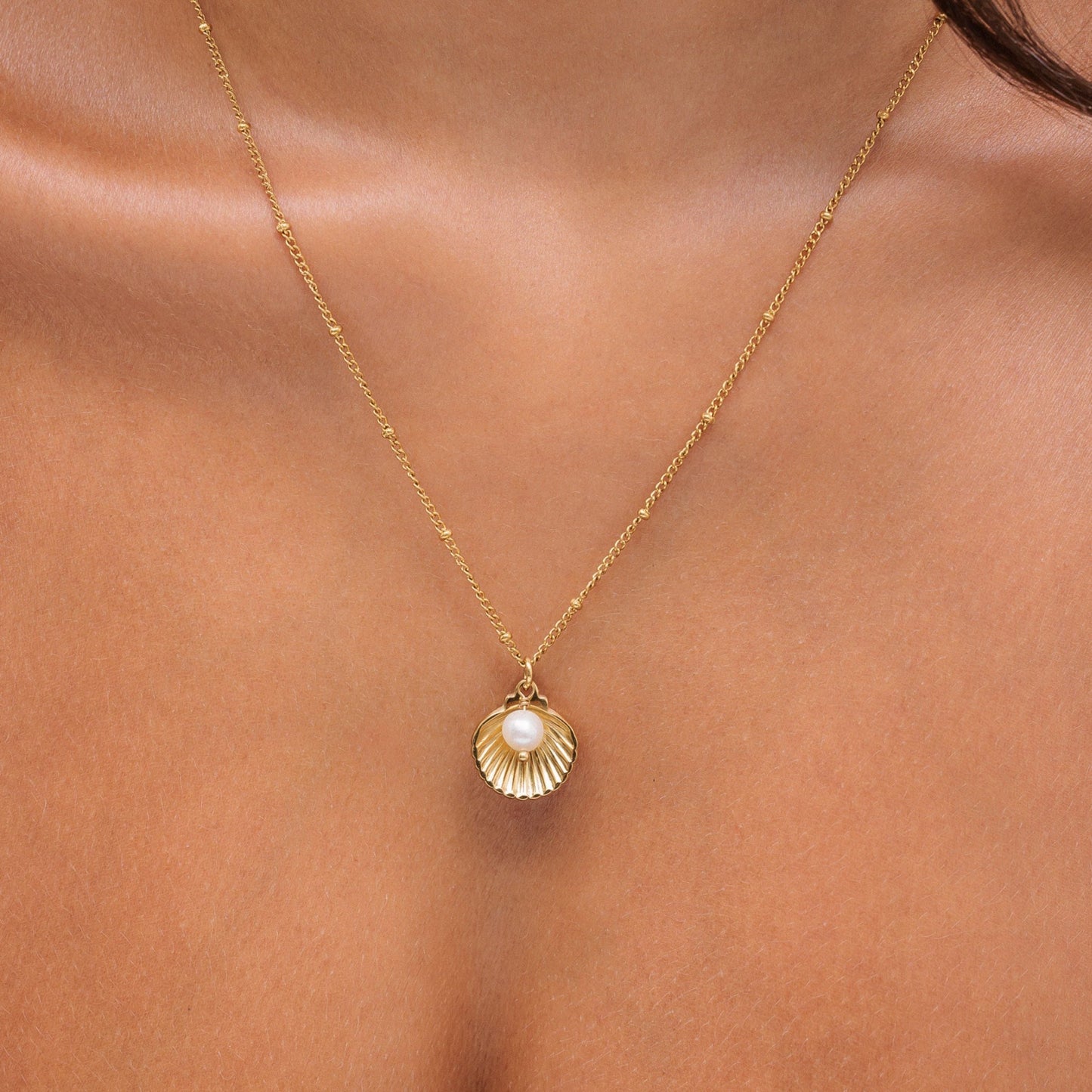 Damen Halskette Gold mit Muschel-Anhänger und Süßwasserperle Edelstahl 18K PVD Verstellbar