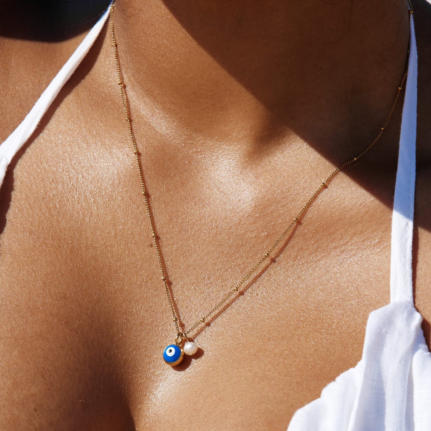 Damen Halskette Gold mit Nazar Auge Anhänger und Süßwasserperle, verstellbar, wasserfest, hypoallergen