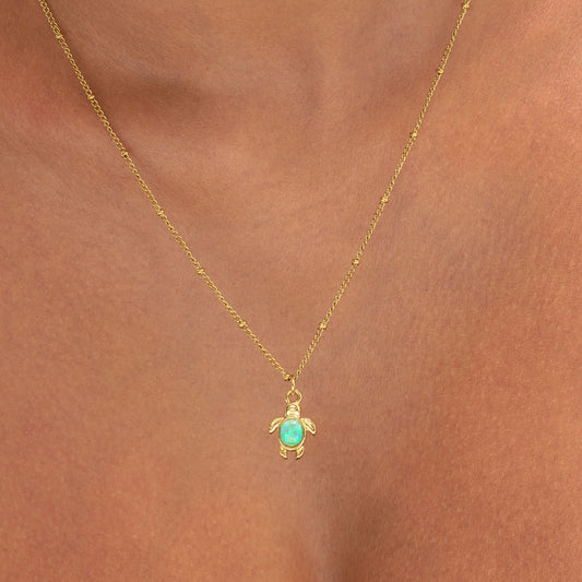 Damen Schildkröten Halskette Gold Opal Anhänger verstellbar wasserfest hypoallergen Edelstahl