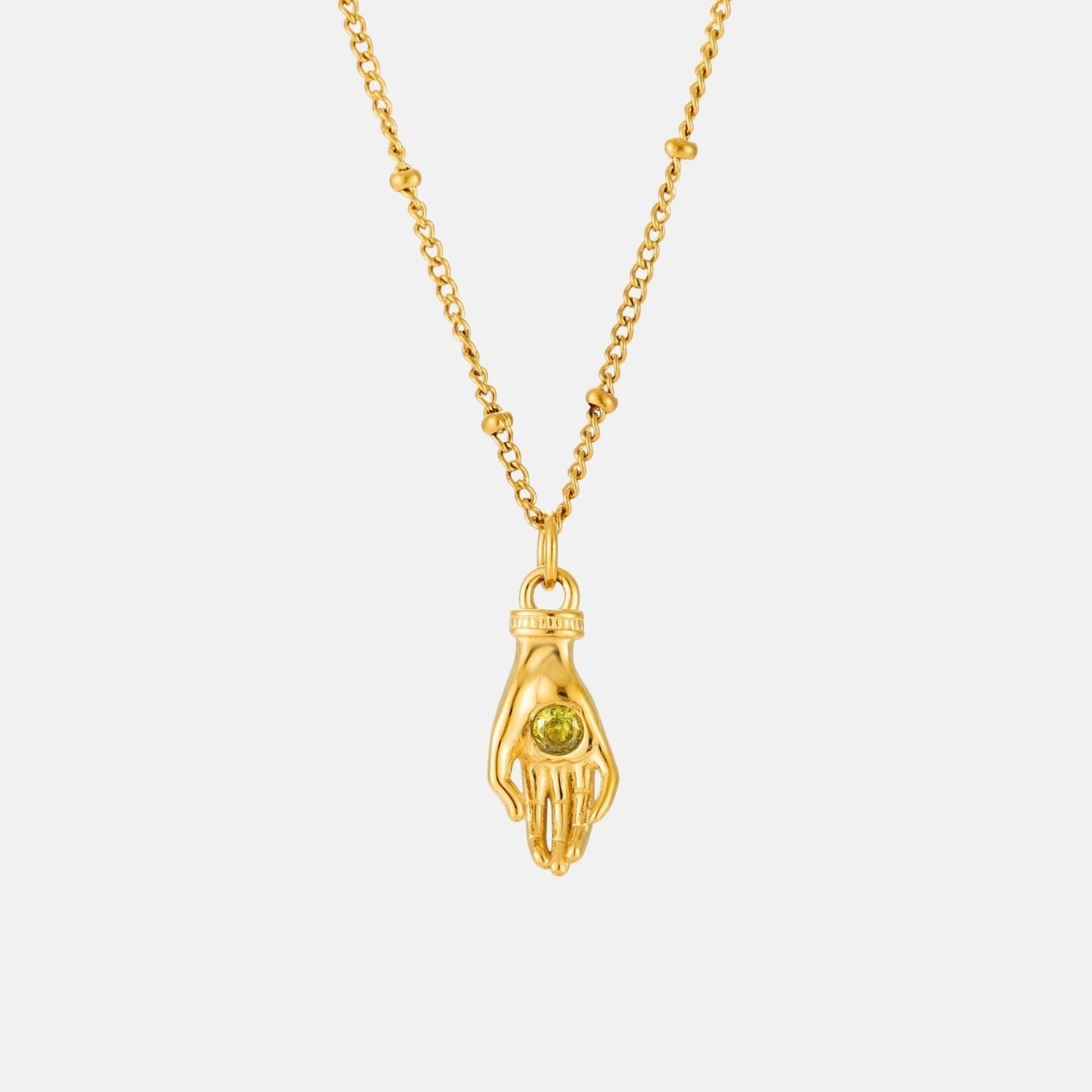 Damen Halskette goldfarben mit Schutz Hand Anhänger und grünem Zirkon