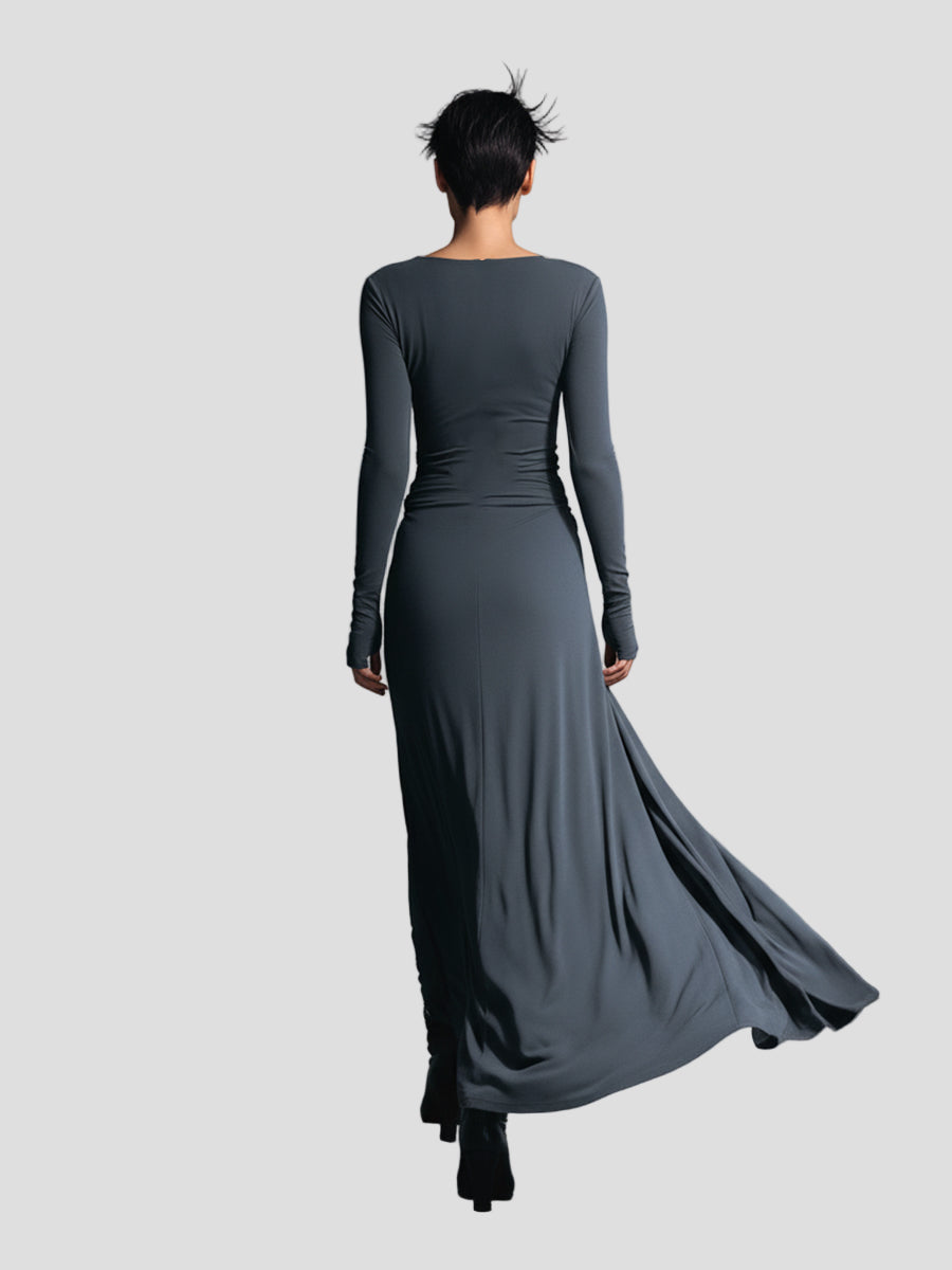 Damen Wickelstresskleid grau elastisches Langarm Figur seitliche Knoten Winterkleid