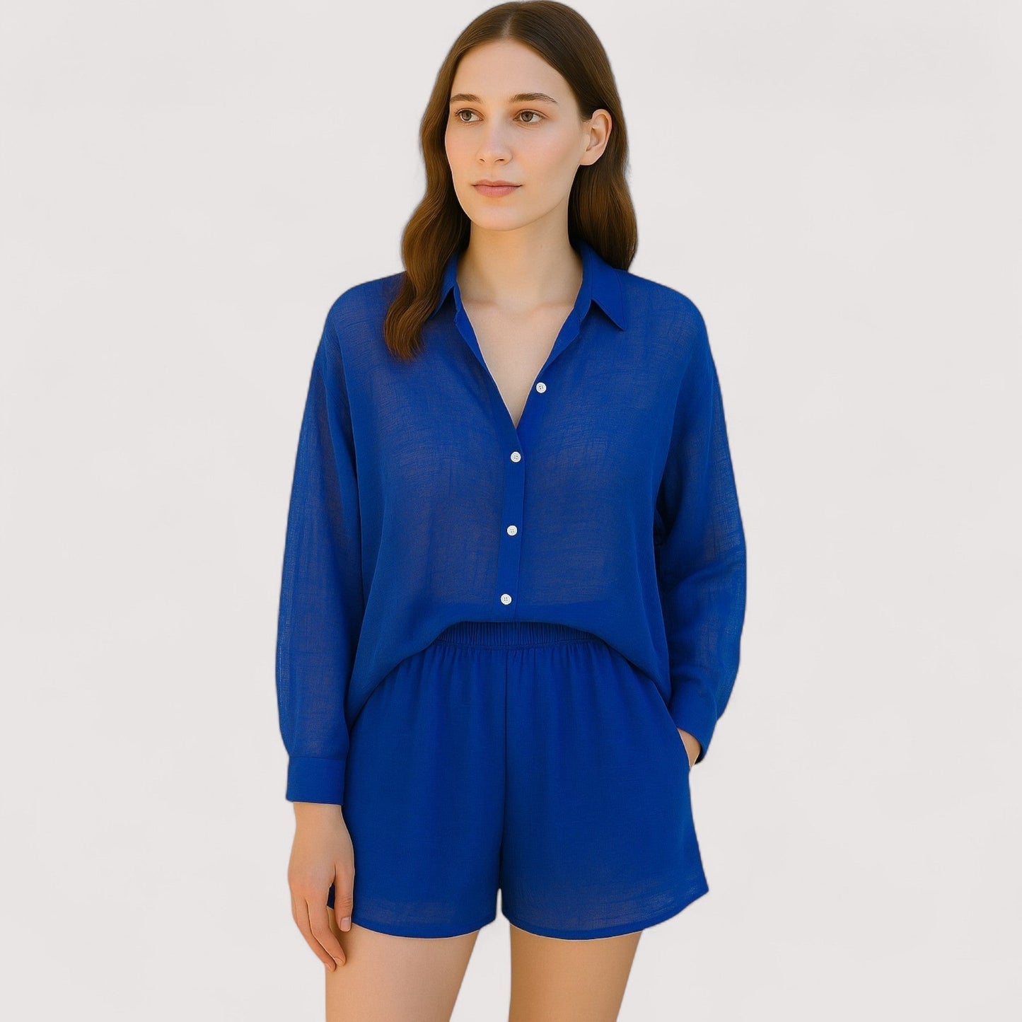 Damen Hemd- und Shorts Set einfarbig locker geschnitten mit Knopfleiste atmungsaktiv bequeme Passform
