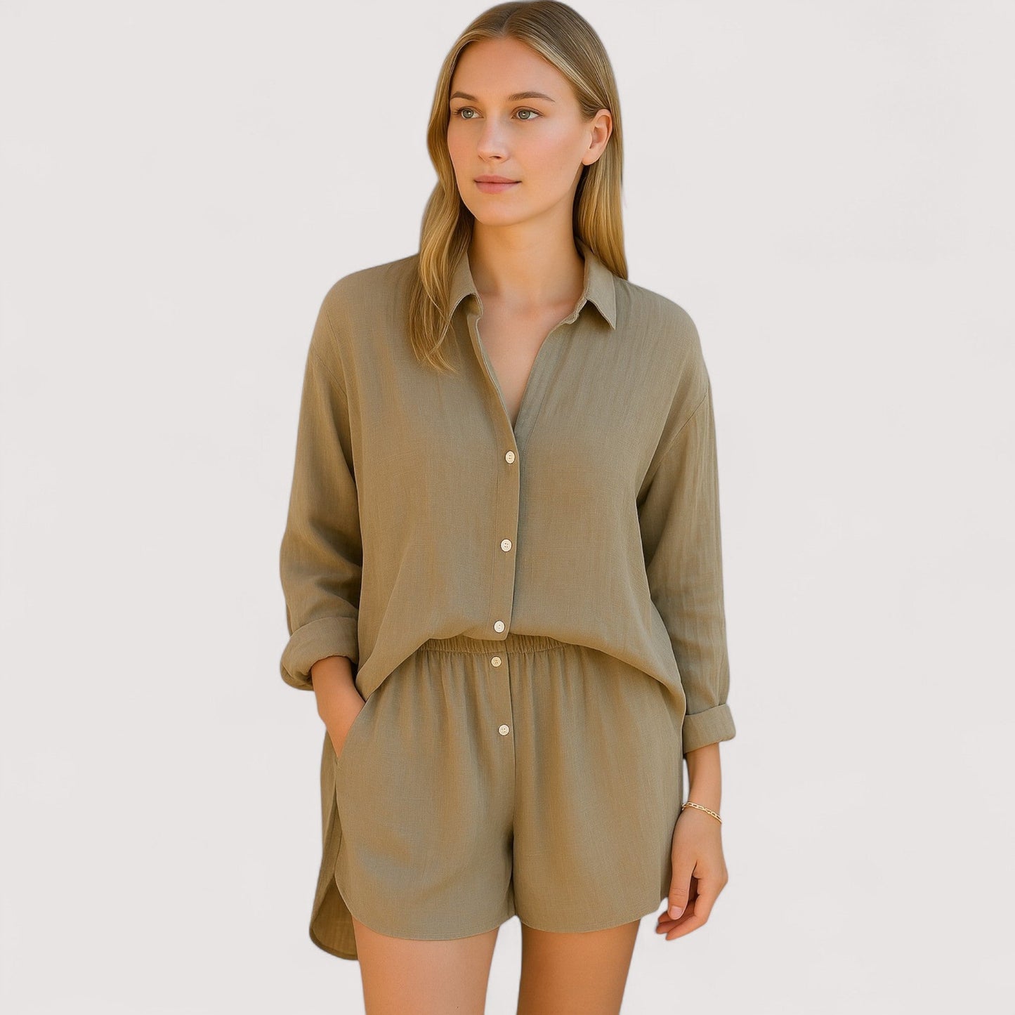 Damen Hemd- und Shorts Set einfarbig locker geschnitten mit Knopfleiste atmungsaktiv bequeme Passform