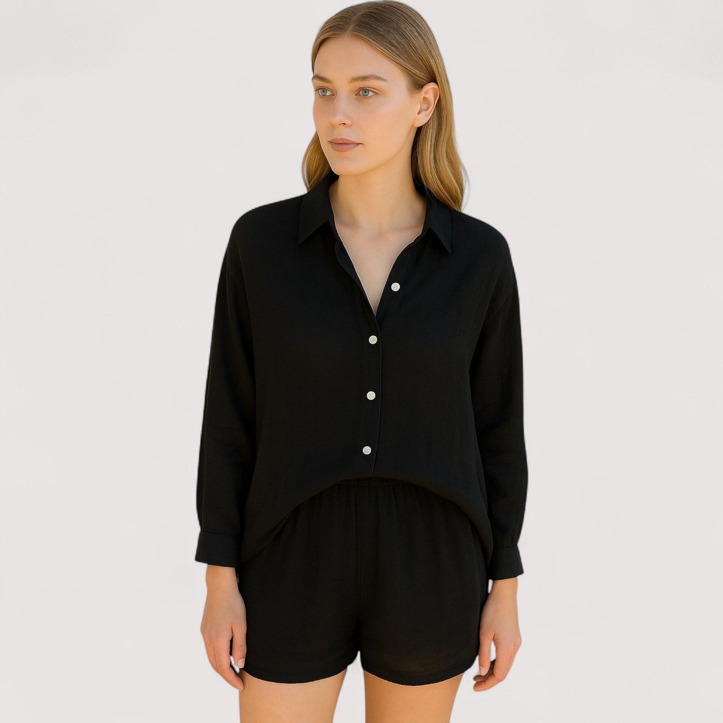 Damen Hemd- und Shorts Set einfarbig locker geschnitten mit Knopfleiste atmungsaktiv bequeme Passform