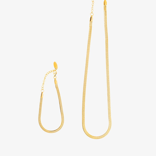 Damen Halsketten und Armband Set Gold Herringbone 2-teilig wasserfest hypoallergen Edelstahl vergoldet